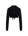 The HIGH Absolutely cardigan is black, long-sleeved, and fitted with a textured knit, front ruching, and adjustable waist drawstrings, shown against a plain white background.