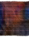 Clarity by SUZI ROHER is a woven blanket with a red, blue, and purple gradient and motivational words like confidence, gratitude, enlighten, and inspiration—an Italian-made piece reminiscent of an inspirational scarf.