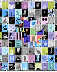 The Puzzle of Dreams scarf by SUZI ROHER features a vibrant grid of illustrated squares, inspired by a Naples lottery scarf. Its design showcases symbolic imagery—hands, animals, musical notes, and geometric shapes—around an irregular puzzle piece.