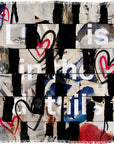 In The Details" by SUZI ROHER is a mixed media piece featuring black, white, blue, and red brushstrokes, red heart outlines, hidden "Love is in the details" text, and a woven texture with frayed edges like a textured scarf.