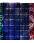 The SUZI ROHER Fashion Chatter scarf is a rectangular wool-modal piece with six vertical panels—ornate swirls, teal crisscross, blue plaid, burgundy and red damask, and purple geometric motifs—ideal for the season.