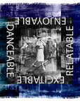 The SUZI ROHER "Excitable" scarf features a black-and-white photo of a woman dancing on the street, accented with abstract blue brushstrokes and bold words, capturing luxurious Italian elegance in its expressive textile design.
