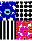 Suzi Roher’s “Snap, Crackle, Pop” is a square textile featuring four bold quadrants: blue flowers, black dots, black and white stripes, and red-pink flowers—graphic patterns inspired by classic Kellogg’s breakfast cereal art.