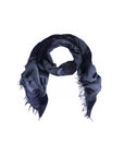 Introducing “Lily, Elizabeth B&W” by SUZI ROHER: a dark blue scarf featuring frayed edges and a digitally printed pattern of black birds, arranged in a loose circular design on a crisp white background.