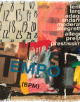 Colourful abstract art piece with musical tempo indications and 'TEMPO (BPM)' text. How Temp and yor heart move together. A square scarf 145cm