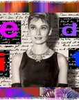 A black and white portrait of a woman in a dress and necklace, elegantly draped with a chic accessory reminiscent of an Audrey Hepburn scarf, is overlaid with large colorful “edit” lettering and handwritten script, all framed by a vibrant patterned border—introducing the “Edit” scarf by SUZI ROHER.