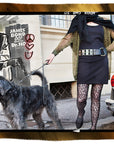 A woman showcasing the SUZI ROHER “Lily, James Bond” collection strolls past a vintage car and a wall adorned with original artwork and Bond poster graffiti, accompanied by her large, shaggy dog.