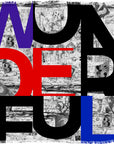WONDERFUL by SUZI ROHER features large bold letters in blue, red, purple, and black over a collage of currencies and numbers in black and white—a striking design sure to stand out in any space.