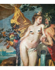 SUZI ROHER’s "Love Me Do" features a crowned, semi-nude woman with a cornucopia beside a robed man. The phrase “love me do” is printed poem-style on fine paper. Available as striking giclee prints.