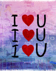 The SUZI ROHER “I Love U” features “I ♥ U” text art repeated three times with red heart symbols on a purple and blue textured background, evoking the elegance of an Italian scarf.