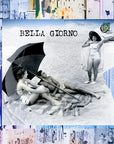 The "Kim, Bella Giorno" postcard by Suzi Roher features three women on a classic beach scene—two seated under an umbrella and one standing in a swimsuit—set against a vibrant, textured collage background.