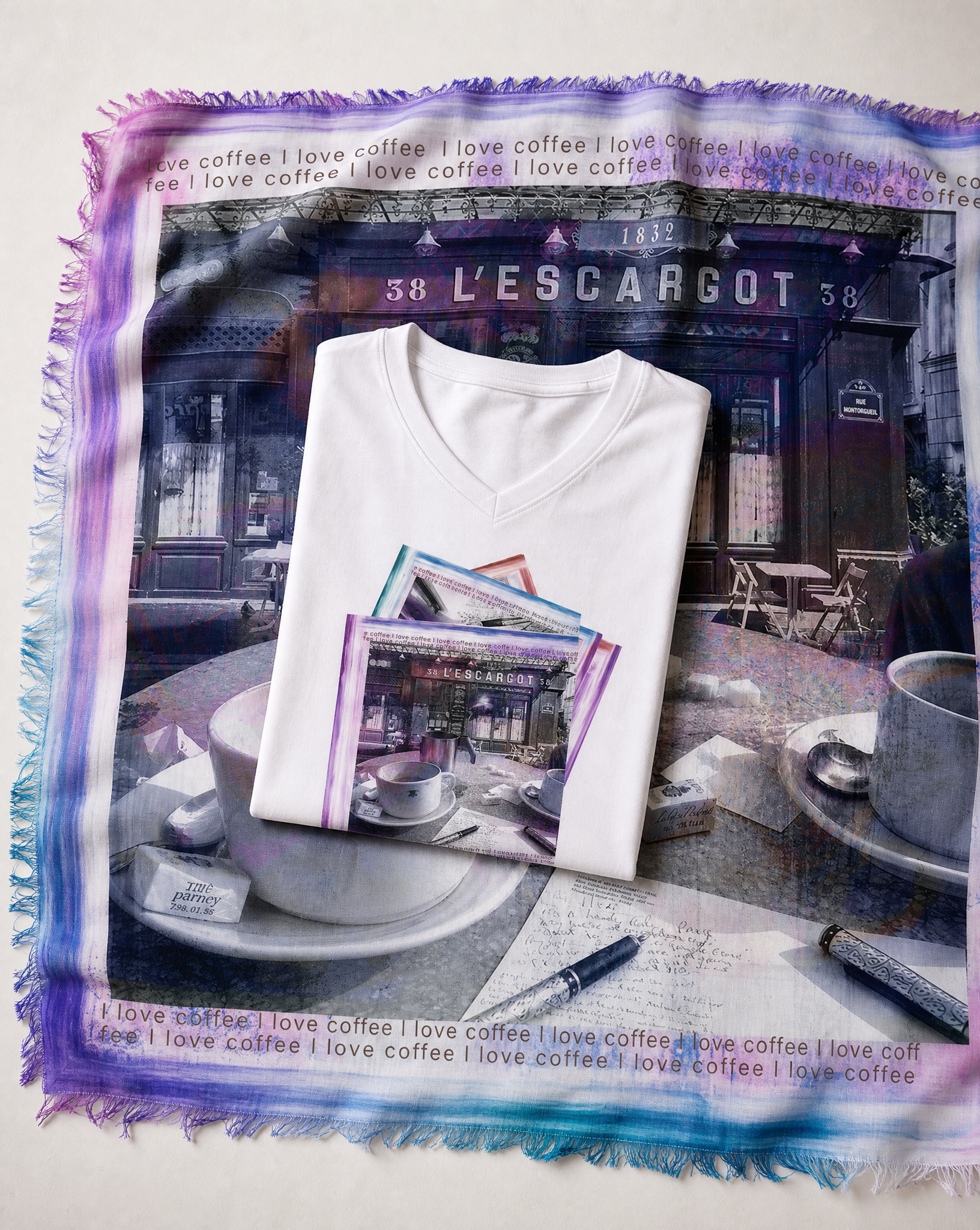 The I Love Coffee scarf and graphic tee laid flat side by side, the same print in two forms against a clean background.