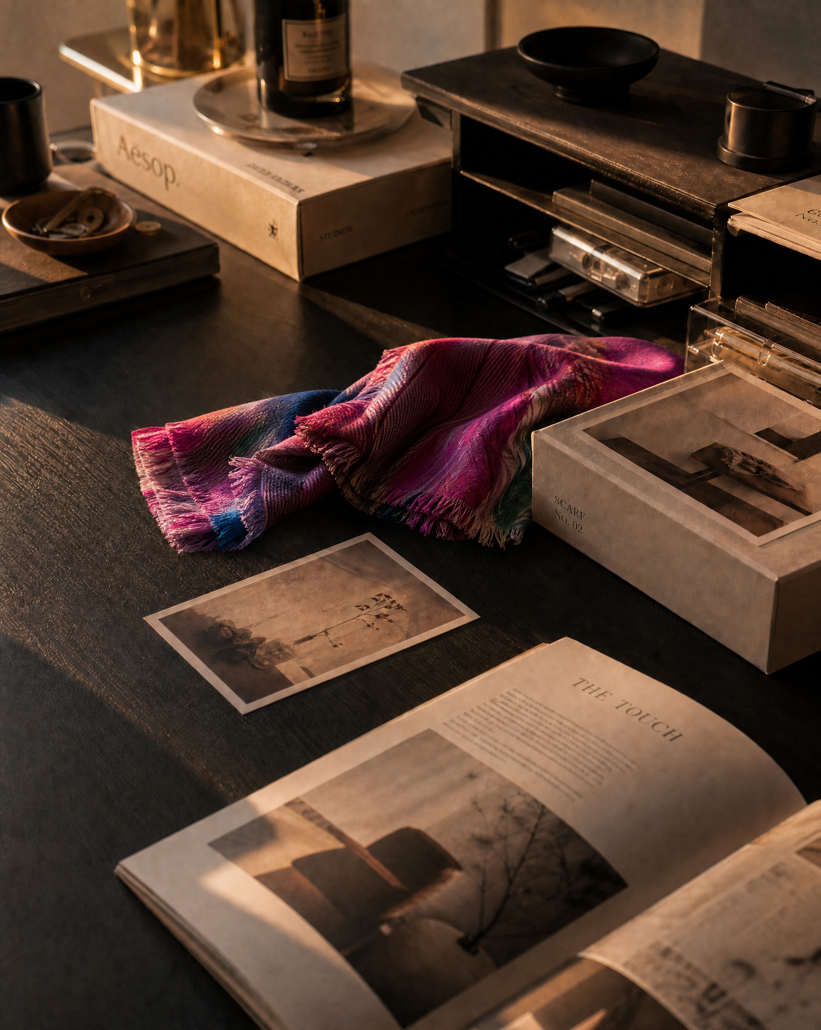 A fringed scarf in magenta, pink and blue rests on a dark studio table alongside an open magazine, a photograph, and a labelled scarf box — objects gathered in warm late-afternoon light