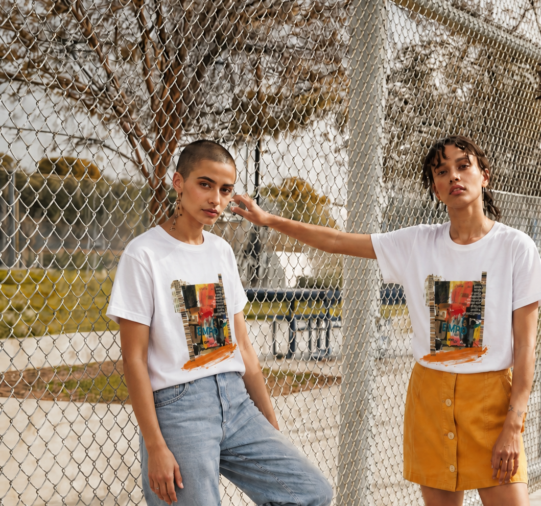 two women by a fence wearing SUZI ROHER graphic T-Shirts. 