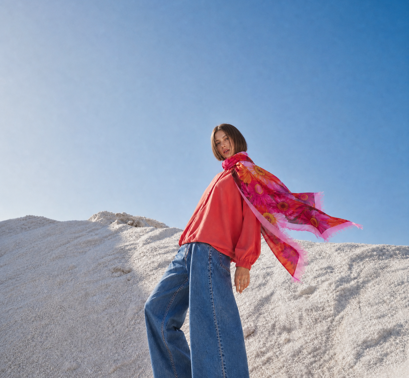 A women standing in the snow with a Feeling is Mutual SUZI ROHER scarf flying behind her
