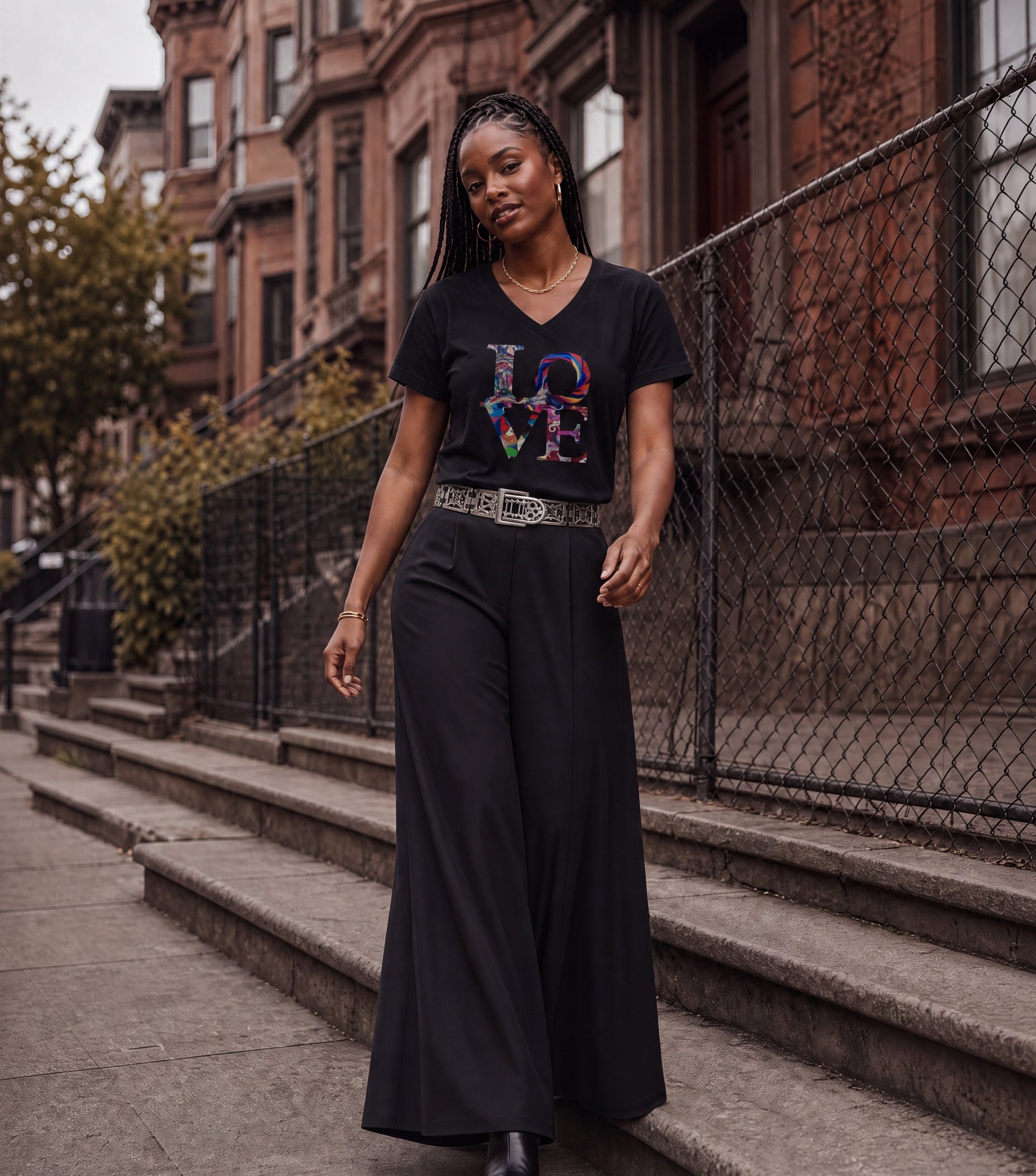 Woman walking down a city street wearing a SUZI ROHER custom Viv printed tee tucked into wide-leg pants, cinched with a belt