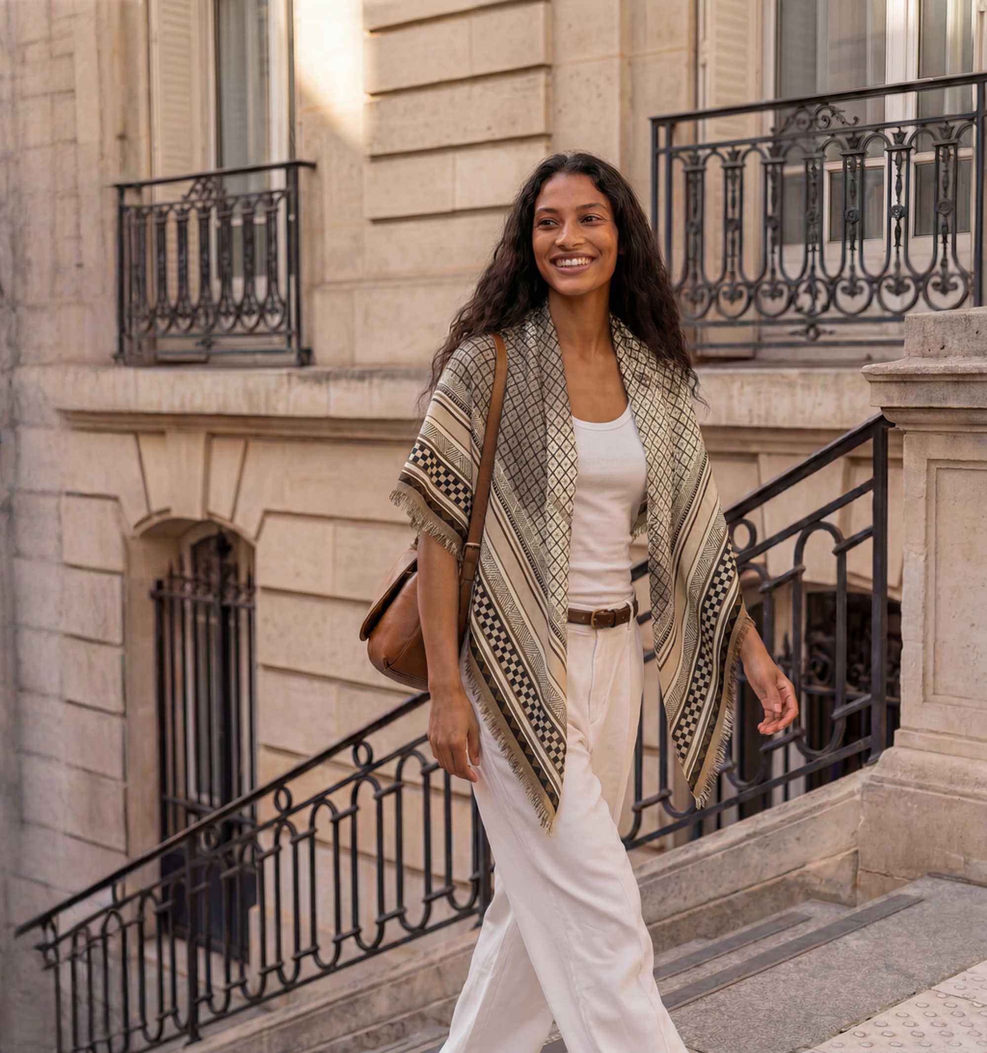 Women in Paris with scarf over shoulders