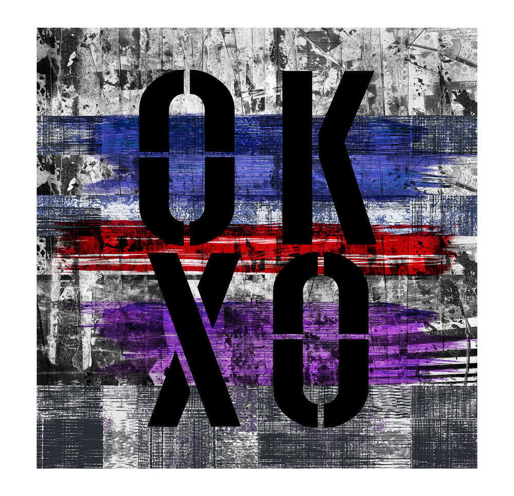 Bold black text reading "OK" above "XO" stands out on a grunge background with blue, red, and purple brush strokes in SUZI ROHER's OK-XO, ideal for fine art prints.
