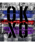 OK-XO by SUZI ROHER showcases bold black "OK" and "XO" lettering on a grungy, textured background with purple, blue, red, and grey brush strokes—ideal for those seeking unique fine art prints.