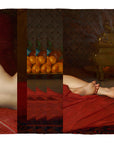 The SUZI ROHER "Private Views" scarf features a painting of a nude woman on red cushions with her hair tied up, oranges and an ornate incense burner in the background, all divided into vertical overlapping patterned sections.