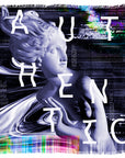 Authentic" by SUZI ROHER: A digital artwork of a classical marble statue with flowing hair on a glitchy background. Large, distorted white letters spell "AUTHENTIC," embodying the essence of authentic living.