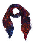 The “True to Form” scarf by SUZI ROHER features a vibrant striped pattern in red, orange, blue, and purple hues, digitally printed from original artwork. Loosely draped in a loop with frayed edges, it is showcased against a white background.