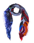 Introducing “Made Love” by SUZI ROHER—a vibrant scarf adorned with abstract patterns in blue, red, orange, gray, and black. Digitally printed from original artwork for stunning detail and finished with frayed edges, this accessory is displayed against a white background and perfectly captures SUZI ROHER’s signature flair for bold style.