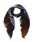Introducing the James Bond scarf by SUZI ROHER—a lightweight, square accessory with frayed edges, digitally printed from original Bond film-inspired artwork in a striking abstract pattern of brown, blue, yellow, and black. Drape it loosely in a triangular shape for effortless style.