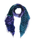 The Lady Chatterley scarf by SUZI ROHER features a blend of deep blue, purple, and green in mixed patterns, with frayed edges and a looped arrangement set against a white background. This distinctive piece showcases digitally printed original artwork for an artistic flair.