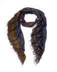The Play It Again scarf by SUZI ROHER features brown and blue checkered patterns with frayed edges, draped in a U-shape on a white background. Digitally printed original artwork and partially visible faded white text accent the design.