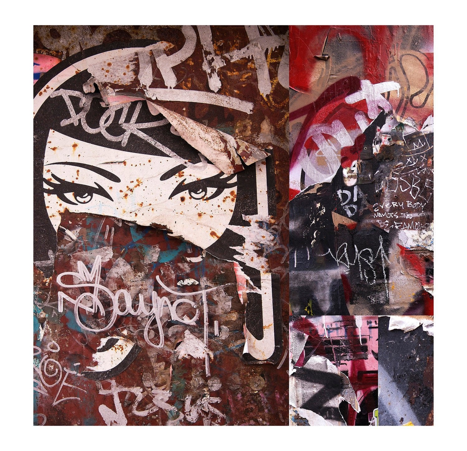Samurai Girl" by SUZI ROHER: a striking street art collage with a bold black-and-white stencil of a woman's eyes and face, layered with vibrant graffiti—ideal as captivating wall art or archival giclee prints.
