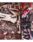 Samurai Girl" by SUZI ROHER showcases street art of a woman's eyes and face on a weathered wall, layered with graffiti and vivid paint—a striking, urban collage ideal for bold wall art or fine art prints.
