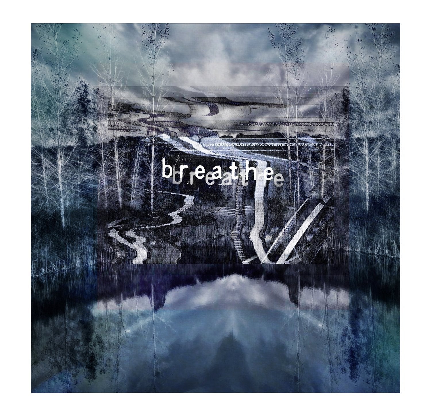 Breathe" by SUZI ROHER features a surreal, misty landscape with bare trees and a winding path reflected in water. Cool blue and gray tones highlight the archival print, perfect for art lovers. The word "breathe" appears in fragmented white letters.