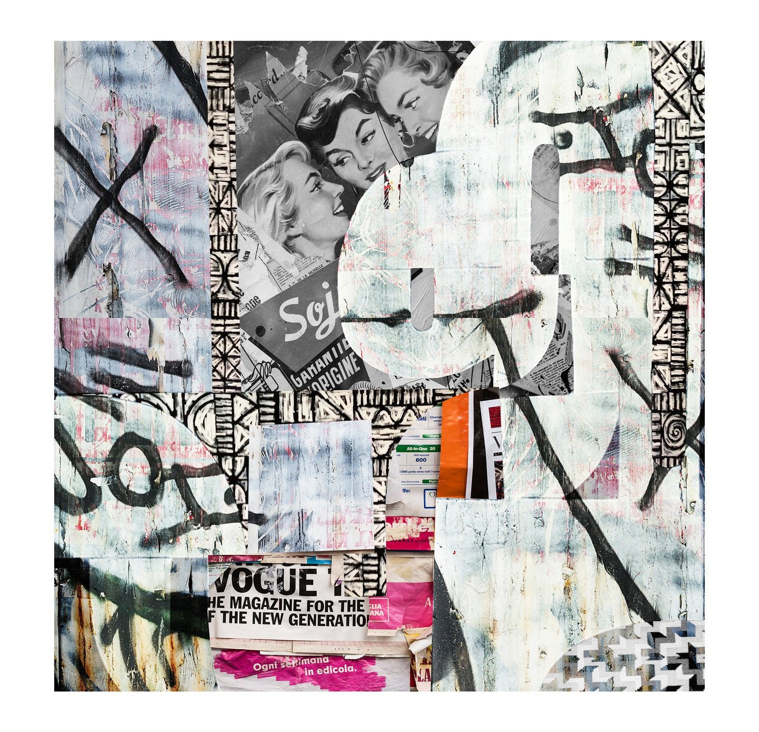 New Generation by SUZI ROHER is a collage of black-and-white vintage magazine women, overlaid with graffiti-style paint, abstract forms, and bold text like VOGUE and SÓ!—all in a layered urban street art aesthetic.