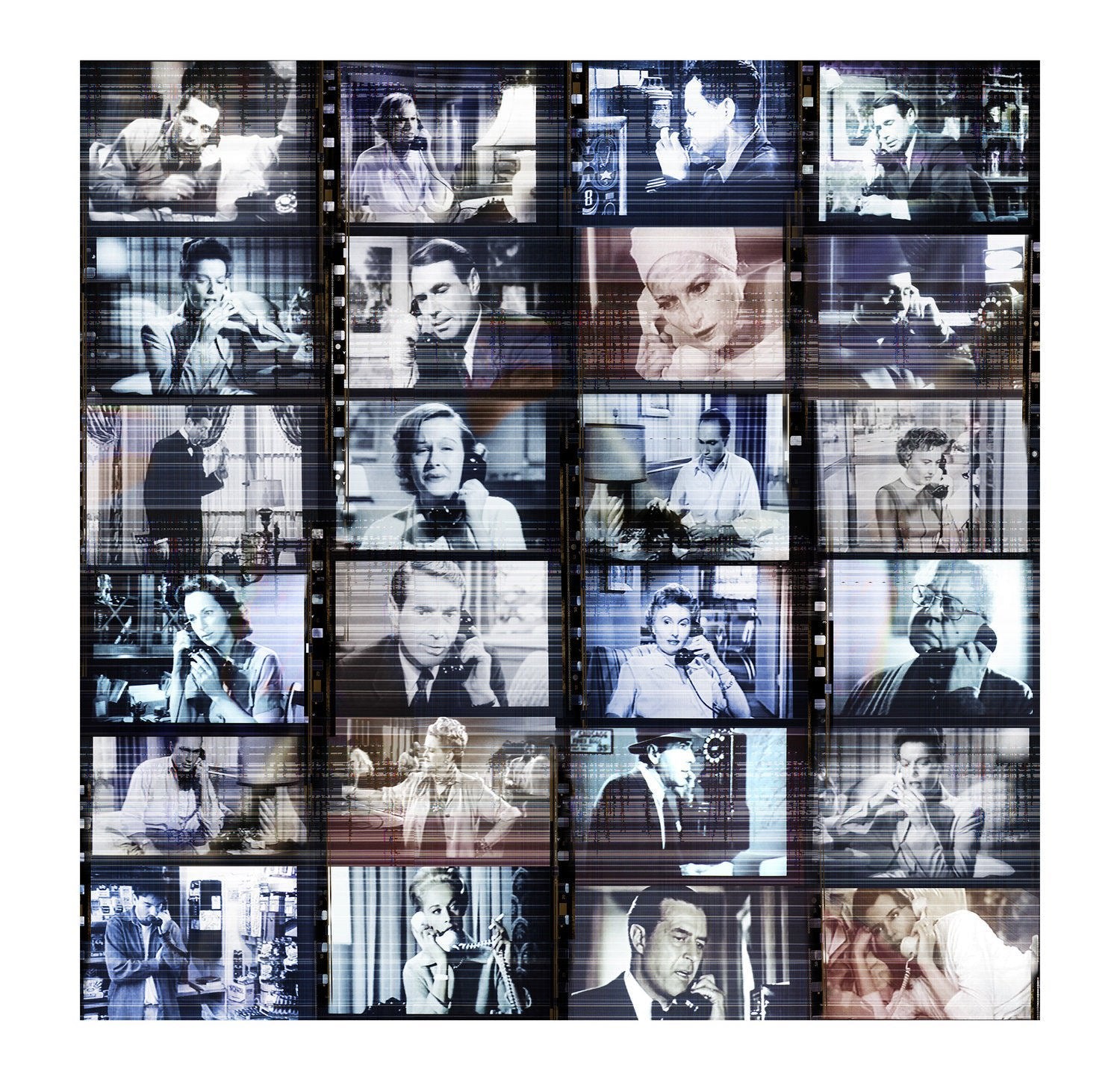 Hello" by SUZI ROHER features a 4x5 grid of black-and-white movie star prints, each capturing iconic phone scenes, overlaid with a filmstrip effect—a striking tribute to classic cinematic moments.