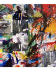 Eggs Cannot Be Unscrambled" by SUZI ROHER is a vibrant abstract collage: paint splatters, three B&W photos of a man in a suit, a grayscale typewriter, color test strip, and tiny walking figure—available as archival prints.
