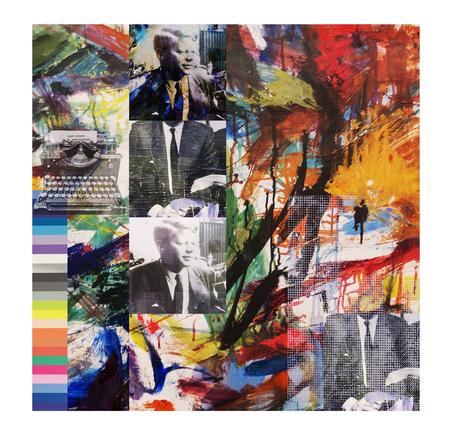 Eggs Cannot Be Unscrambled by SUZI ROHER: A vibrant abstract collage with paint splatters, four archival black-and-white photos of a suited man, a vintage typewriter, pixelated dots, color swatches, and a small walking figure.