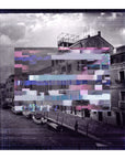 Between Earth and Sky by SUZI ROHER features canal-side buildings with boats in black and white, overlaid by a vivid pixel glitch at the center—an eye-catching display of pixel displacement on archival giclee print for lasting quality.