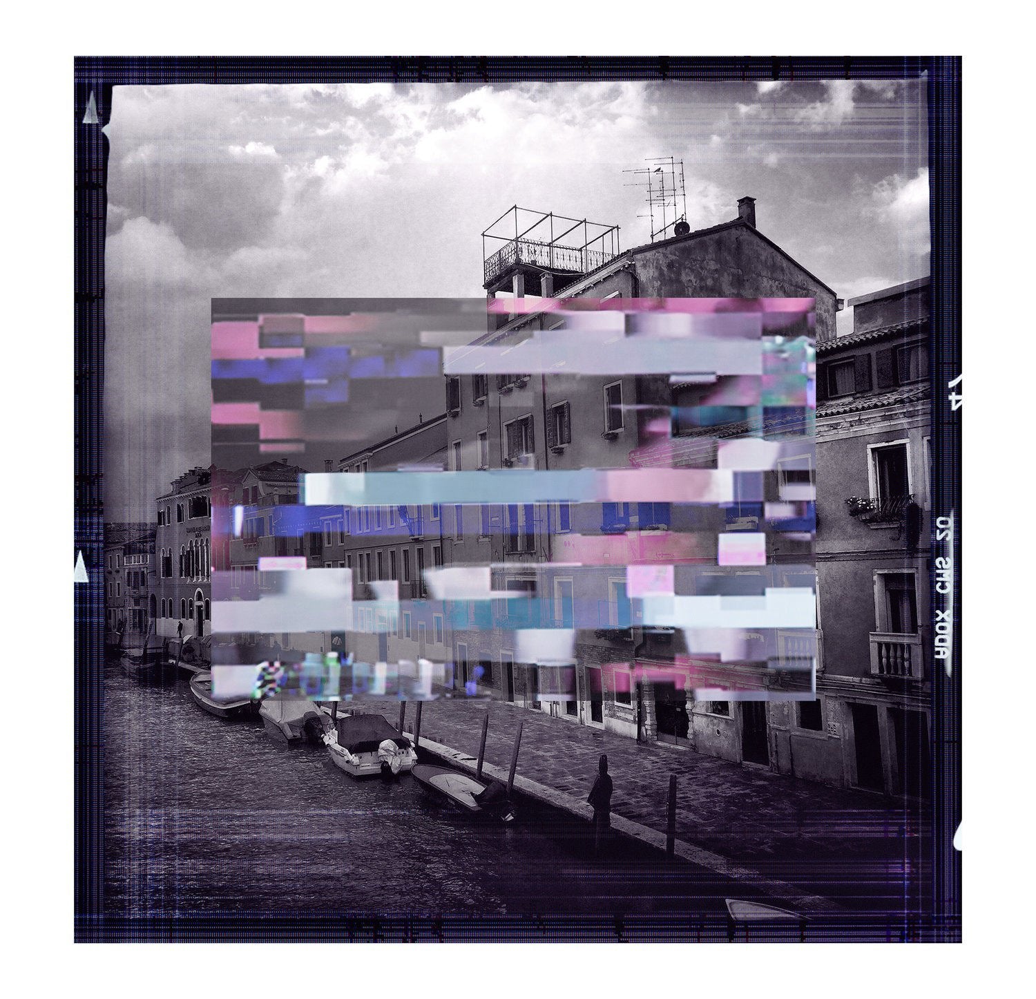 “Between Earth and Sky” by SUZI ROHER features black and white buildings beside a canal with boats, overlaid by vivid digital glitches in pink, blue, and purple, creating striking pixel displacement on archival giclee fine art paper.