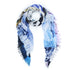 The Kim, Bella Giorno scarf by Suzi Roher is a lightweight, rectangular accessory with abstract blue, white, yellow, and purple patterns and frayed edges—ideal for adding carefree beach style to any outfit.