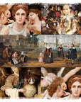The Heart of an Angel silk modal scarf by SUZI ROHER features a collage of classical cherubs, women in pastels, ornate children, rural families, and angels with subtle grid textures, evoking warmth and heartfelt style.