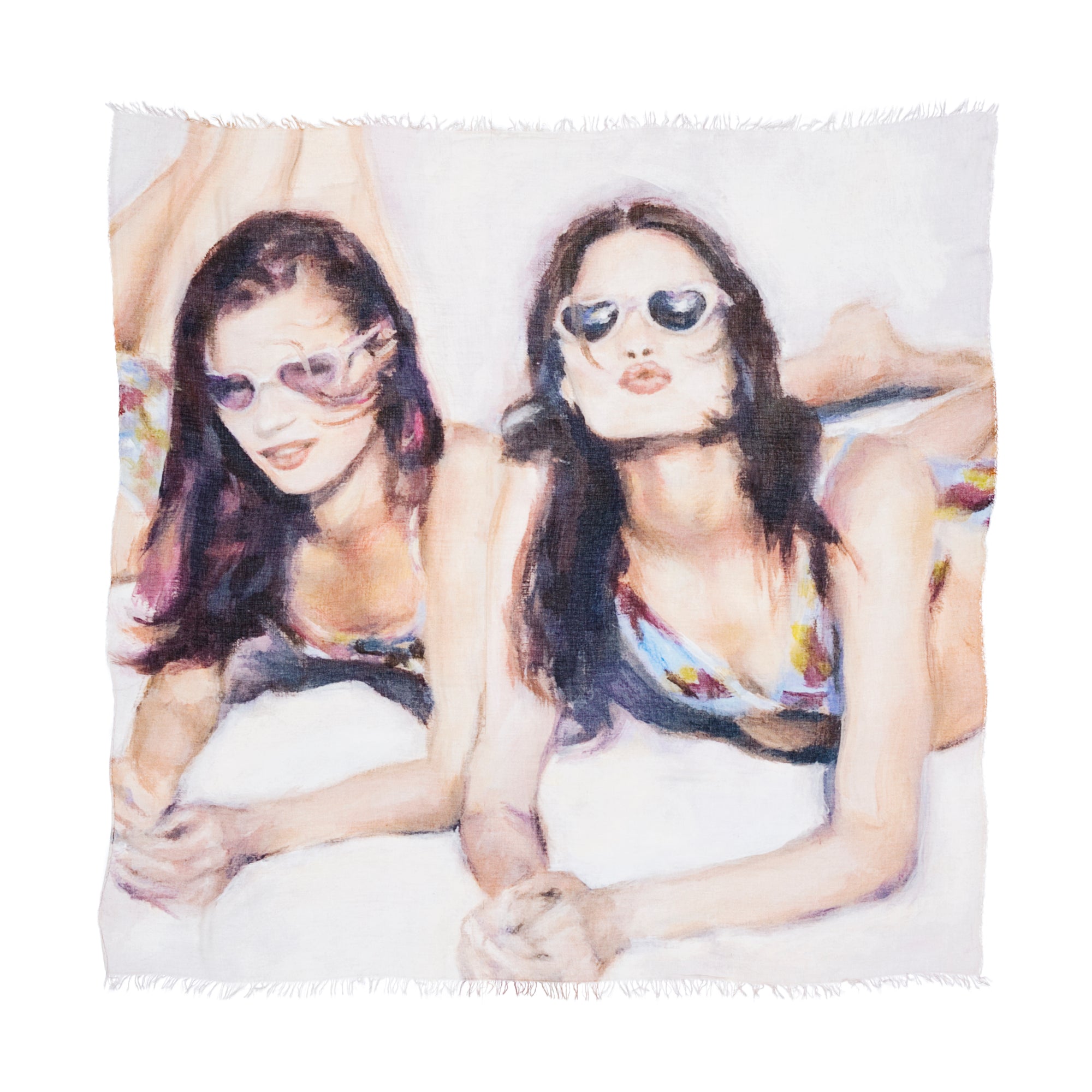 Introducing “Beach Party” by SUZI ROHER—a chic square silk scarf featuring a vibrant, painted-style scene of two women in swimsuits and sunglasses, lounging side by side on their stomachs with relaxed expressions against a light backdrop. Finished with elegant fringe, this statement accessory brings artistic flair to any look.
