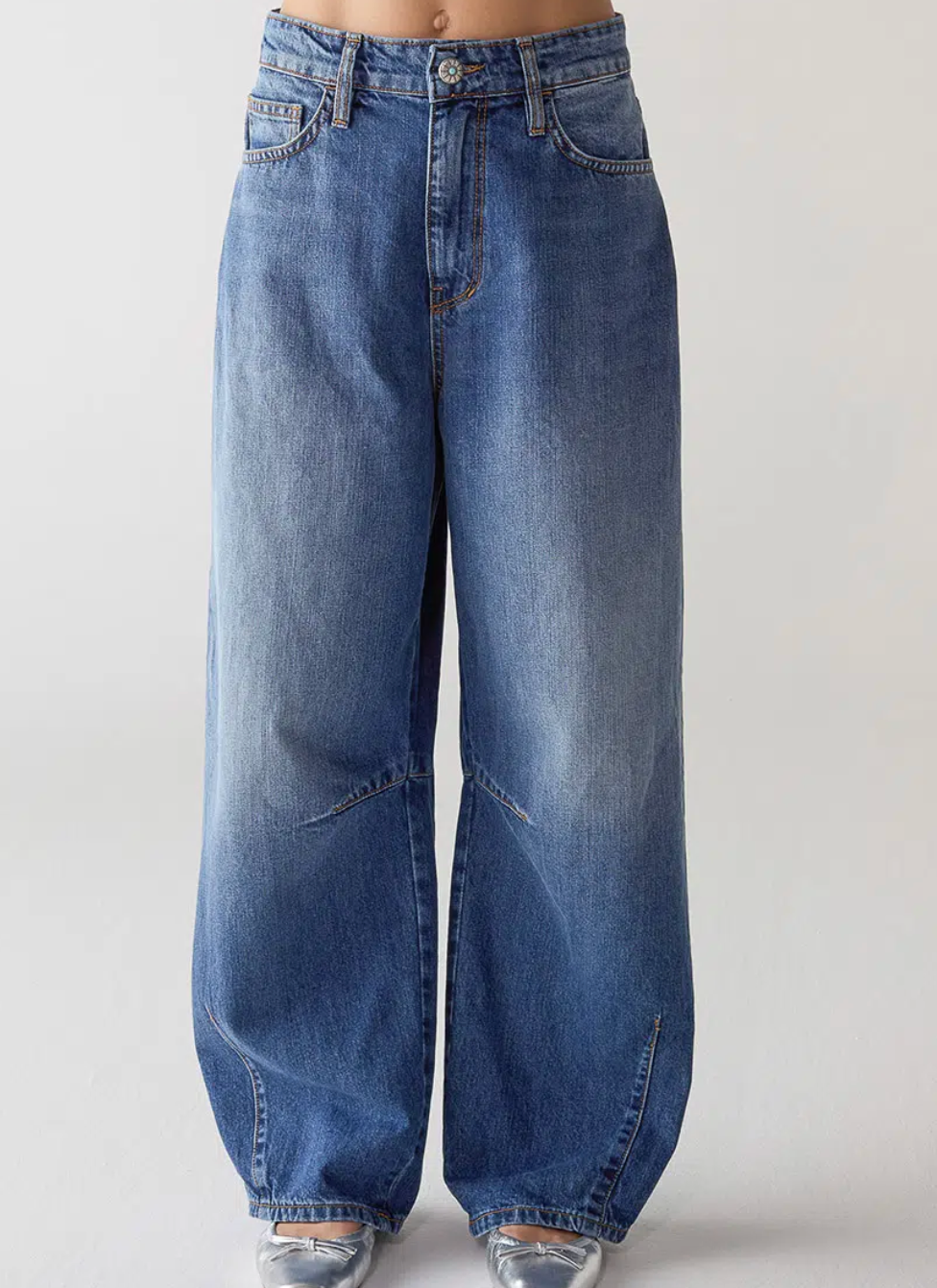 Wearing SHAFT's Barrel Patriot Jeans—high-waisted, wide-leg blue denim with pleats, visible seams, and subtle fading—this person stands against a plain light background with only their lower body shown.
