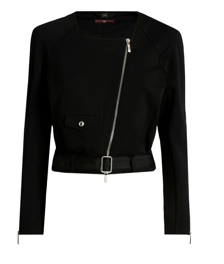 The Beau Jacket by HIGH is a black cropped lightweight biker jacket with long sleeves, a front zip, a left flap pocket, and a matching waist belt with a silver buckle.