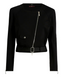 The Beau Jacket by HIGH is a black cropped lightweight biker jacket with long sleeves, a front zip, a left flap pocket, and a matching waist belt with a silver buckle.