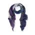 The SUZI ROHER Electric Love - Gray scarf is a lightweight silk accessory with a soft, sheer feel, dark blue, purple, gray, and white geometric patterns, subtly frayed edges, and is styled in a circular shape on a white background.