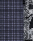 SUZI ROHER’s 'Barefoot in the Park' scarf (70 x 200 cm, modal silk) features grayscale collages of shadowy children holding hands on a background of brocade plaid, florals, and geometric motifs in muted blue and gray.