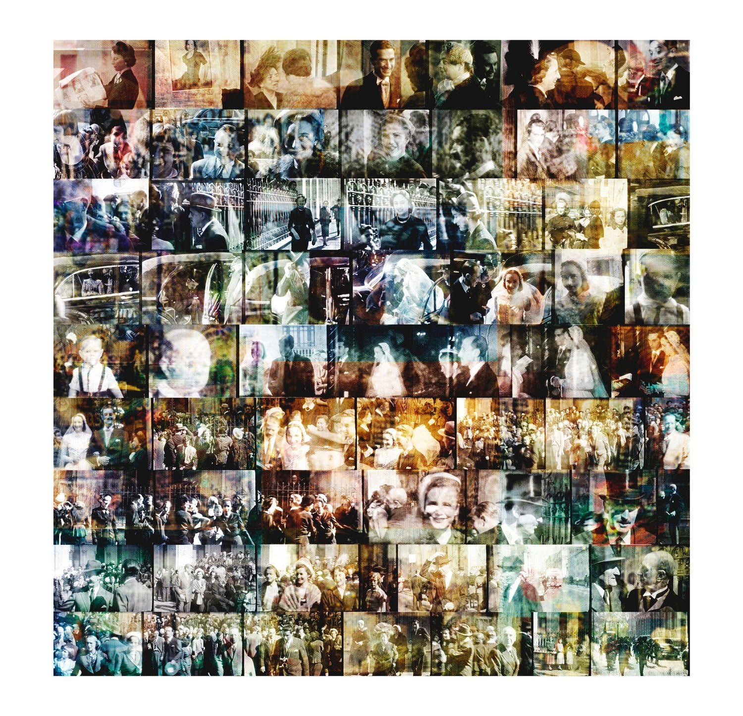 Rita's Wedding" by SUZI ROHER features vintage black-and-white and sepia-toned group photos in a colorful, overlapping grid, beautifully reproduced as archival giclee prints on fine paper.