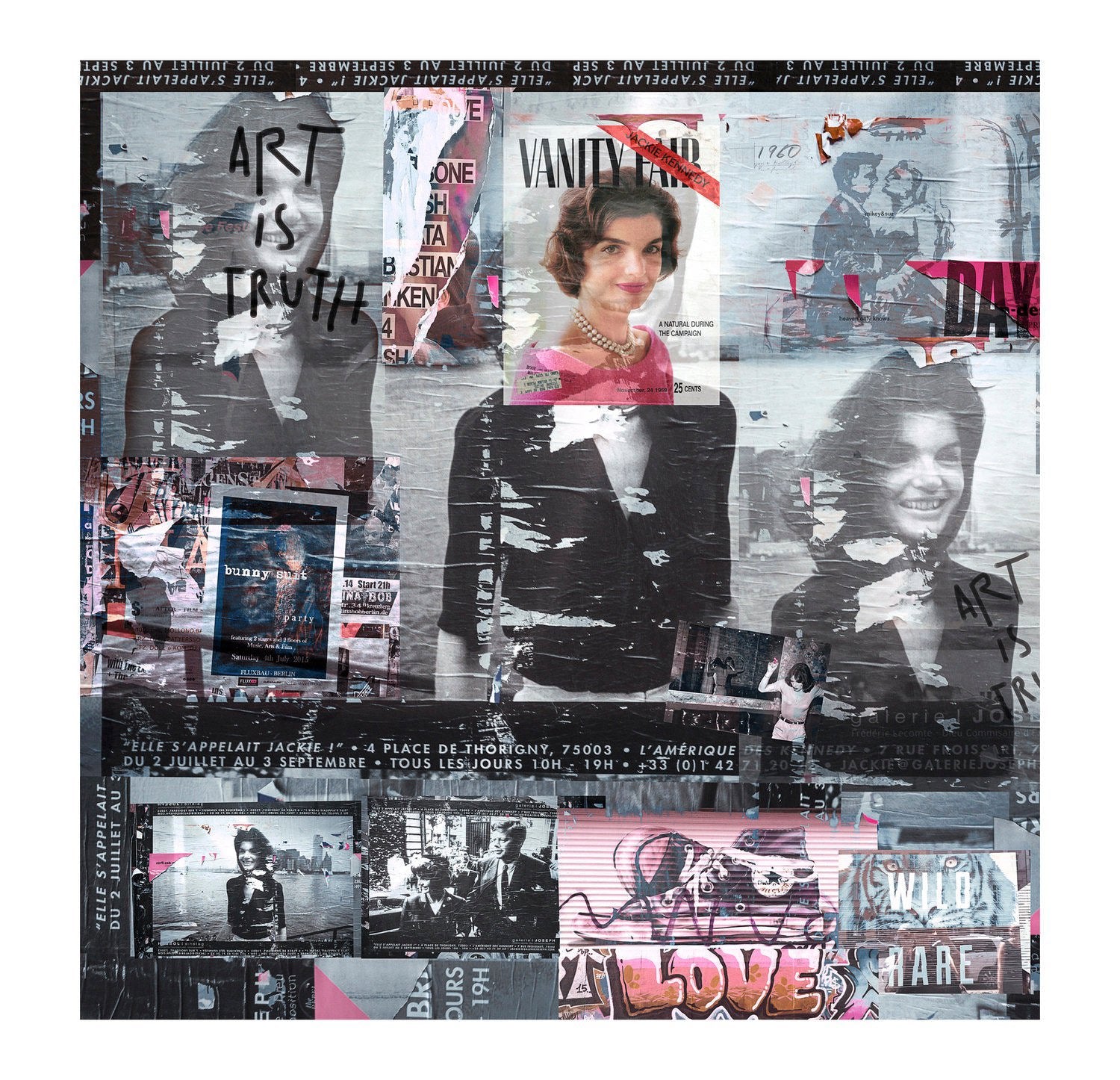A bold urban collage by SUZI ROHER titled “Vanity Fair,” featuring layered posters of a smiling woman, magazine covers, street art, graffiti, “ART IS TRUTH” text, archival prints, and nods to Jackie Kennedy.