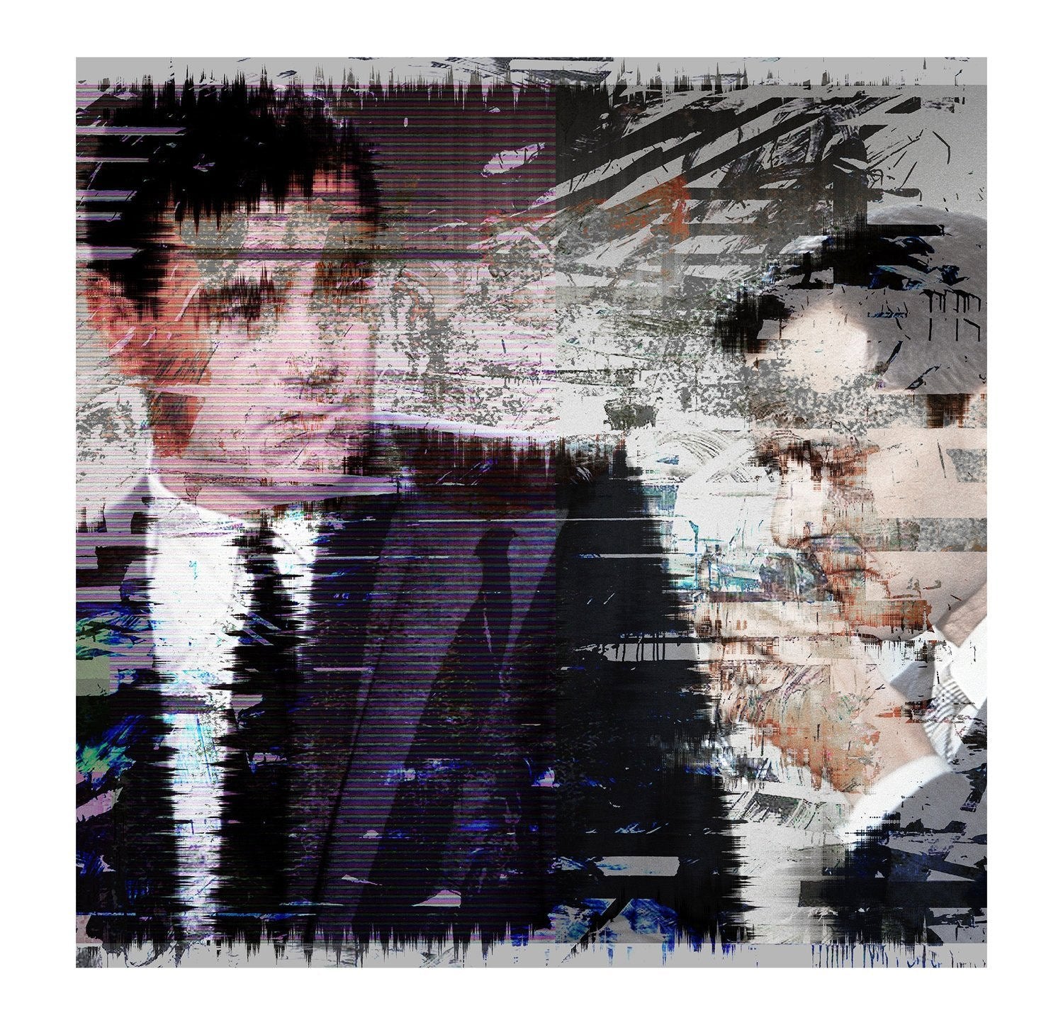 Two men in suits, reminiscent of Rock Hudson’s era, appear in a glitch-style image with digital noise—a striking SUZI ROHER archival print titled "Rock Hudson.